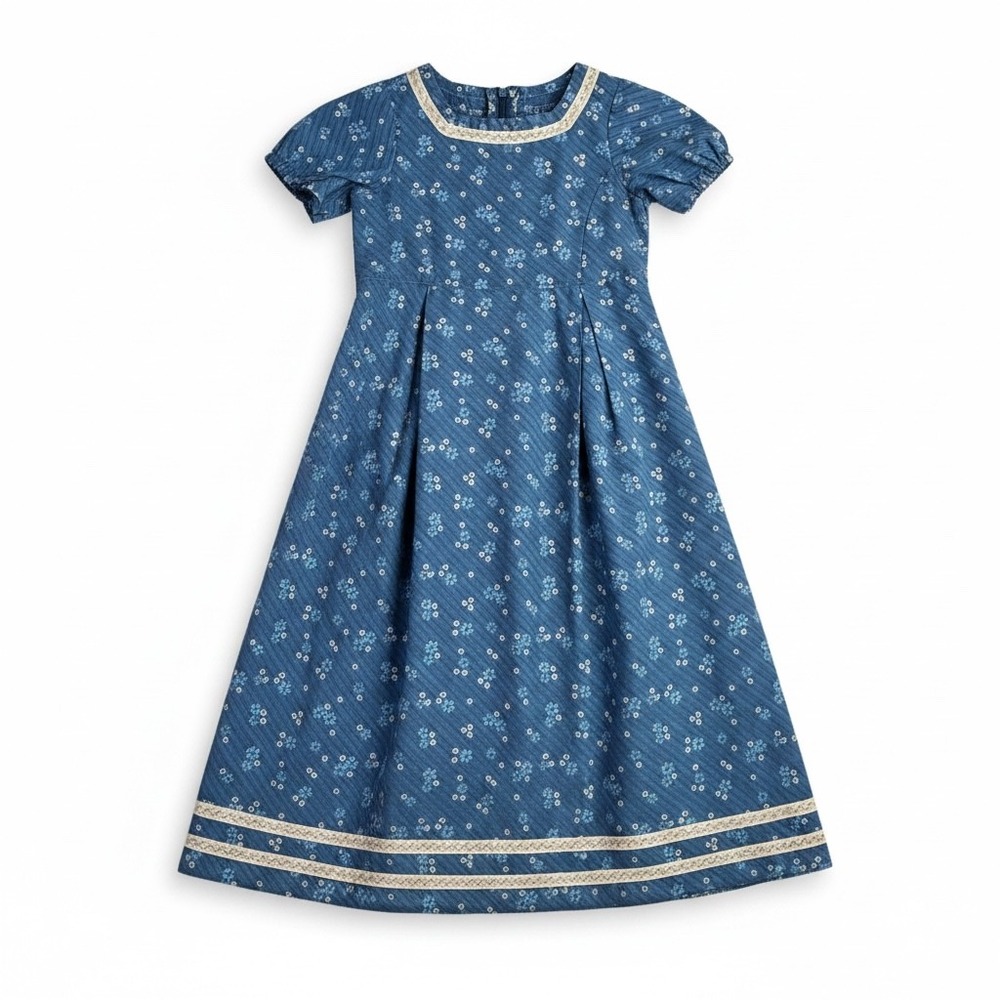 Vintage Handmade Floral Dress Kids 8/10 Blue‎ Cotton Lace Trim Prairie Cottage